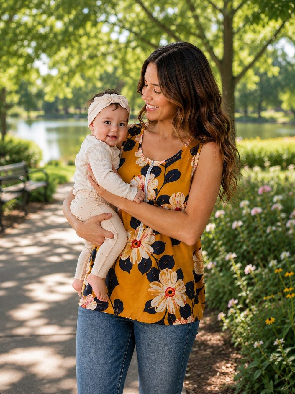 Latched Mama Floral Nursing Tank Top Mustard Yellow Zip Front Breastfeeding S